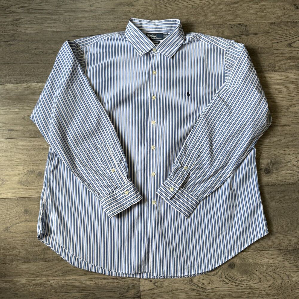 Polo Ralph Lauren Classic Fit Blue White Striped Dress Shirt Navy Pony Size XXL